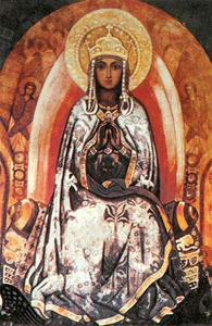 <h4>Царица Небесная. Эскиз росписи для церкви Святого Духа в Талашкине</h4><p>1910-е. Картон (?), темпера. 45 х 30 см.</p>
