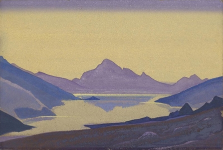 <h4>Гималайский пейзаж. Озеро</h4><p>1937. Картон, темпера. 30 х 45 в свету; 37,5 х 52,5 см.</p>