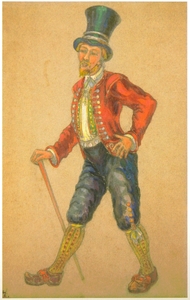 <h4>Эскиз мужского костюма </h4><p>1912. Бумага на картоне., карандаш, гуашь, акварель. 24.5 х 15,7 см. Эскиз к пьесе «Пер Гюнт» Г.Ибсена</p>