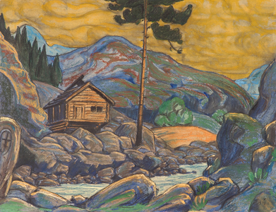 <h4>Избушка в горах</h4><p>1911. Картон, cмешанная техника, 48.5 x 63 см. Эскиз к пьесе «Пер Гюнт» Г.Ибсена</p>
