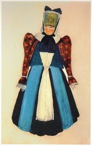 <h4>Женский костюм</h4><p>1912. Бумага на картоне, темпера, бронза, графитный карандаш. 32.8 х 21.5 см. Эскиз к пьесе «Пер Гюнт» Г.Ибсена</p>