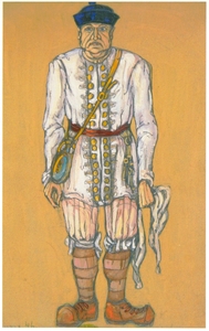 <h4>Эскиз мужского костюма </h4><p>1912. Бумага на картоне, карандаш, гуашь, акварель. 24 х 16 см. Эскиз к пьесе «Пер Гюнт» Г.Ибсена</p>